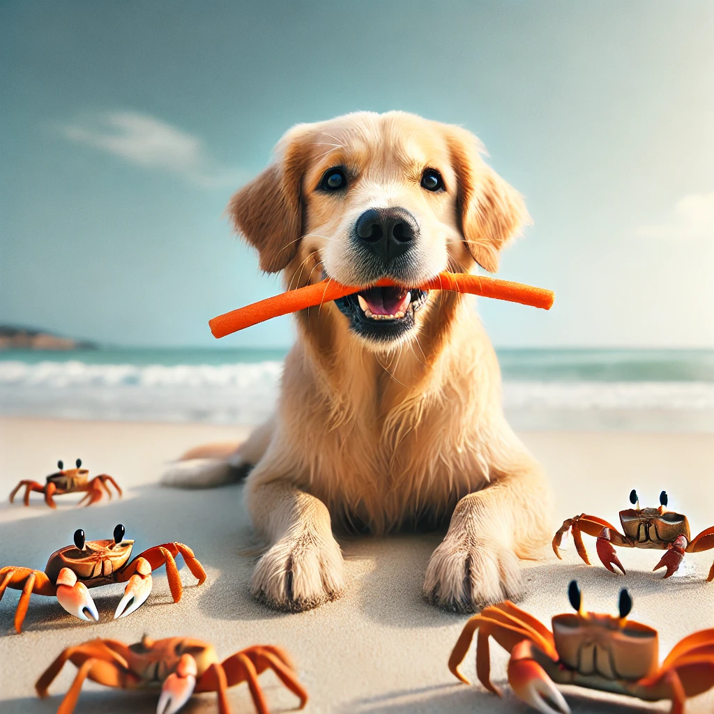 DALL·E 2025-01-22 10.21.21 - A playful scene with a dog eating crab sticks. The dog is a medium-sized, happy golden retriever, sitting on a sandy beach. The dog is holding a crab